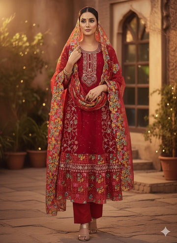 💖 Festive Crimson Rayon Cotton Embroidered Salwar Suit Set