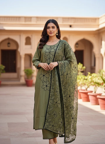 🌿 Sophisticated Olive: The Black Floral Embroidered Suit Set