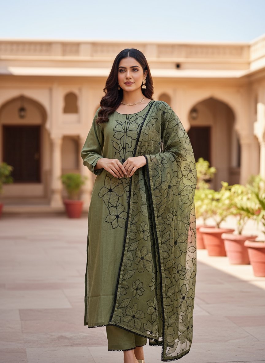 🌿 Sophisticated Olive: The Black Floral Embroidered Suit Set