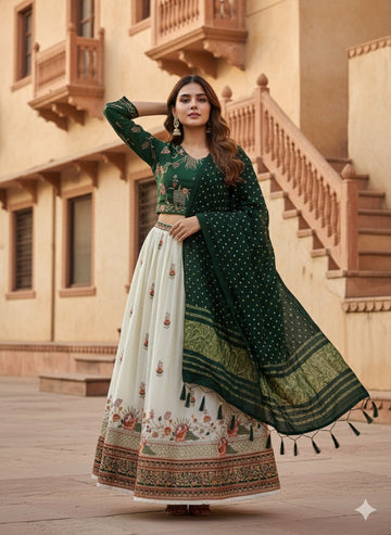💚 Regal Emerald: Printed & Embroidered Lehenga Set