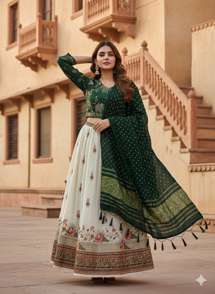 💚 Regal Emerald: Printed & Embroidered Lehenga Set