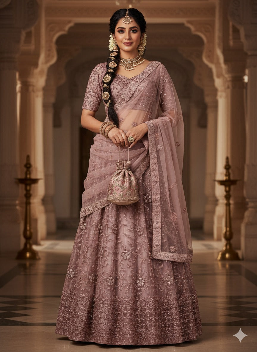 🌹 Vintage Rose Romance: The Heavy Embroidered Mauve Lehenga Set