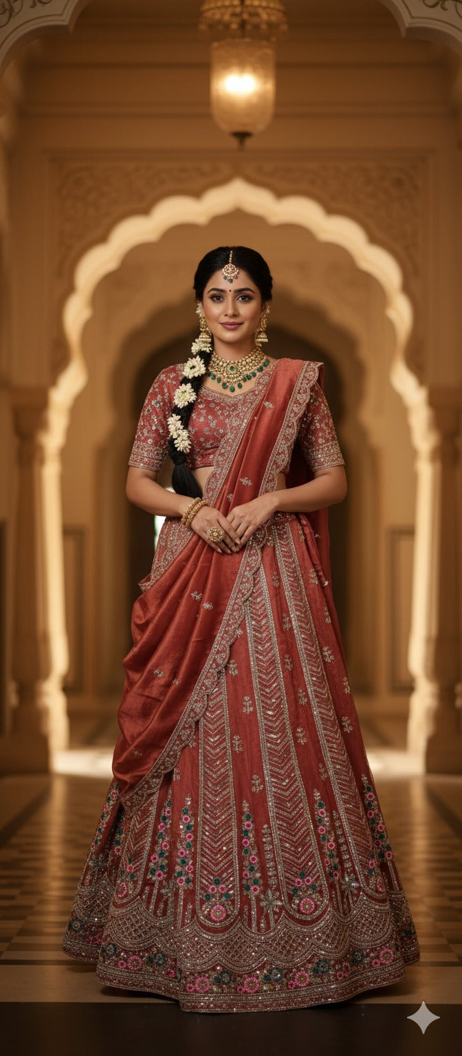 🔥 Earthy Opulence: The Terracotta Mirror Work Lehenga Set