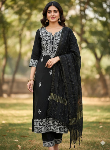 🖤 Classic Chic: The Black & White Embroidered Cotton Suit Set