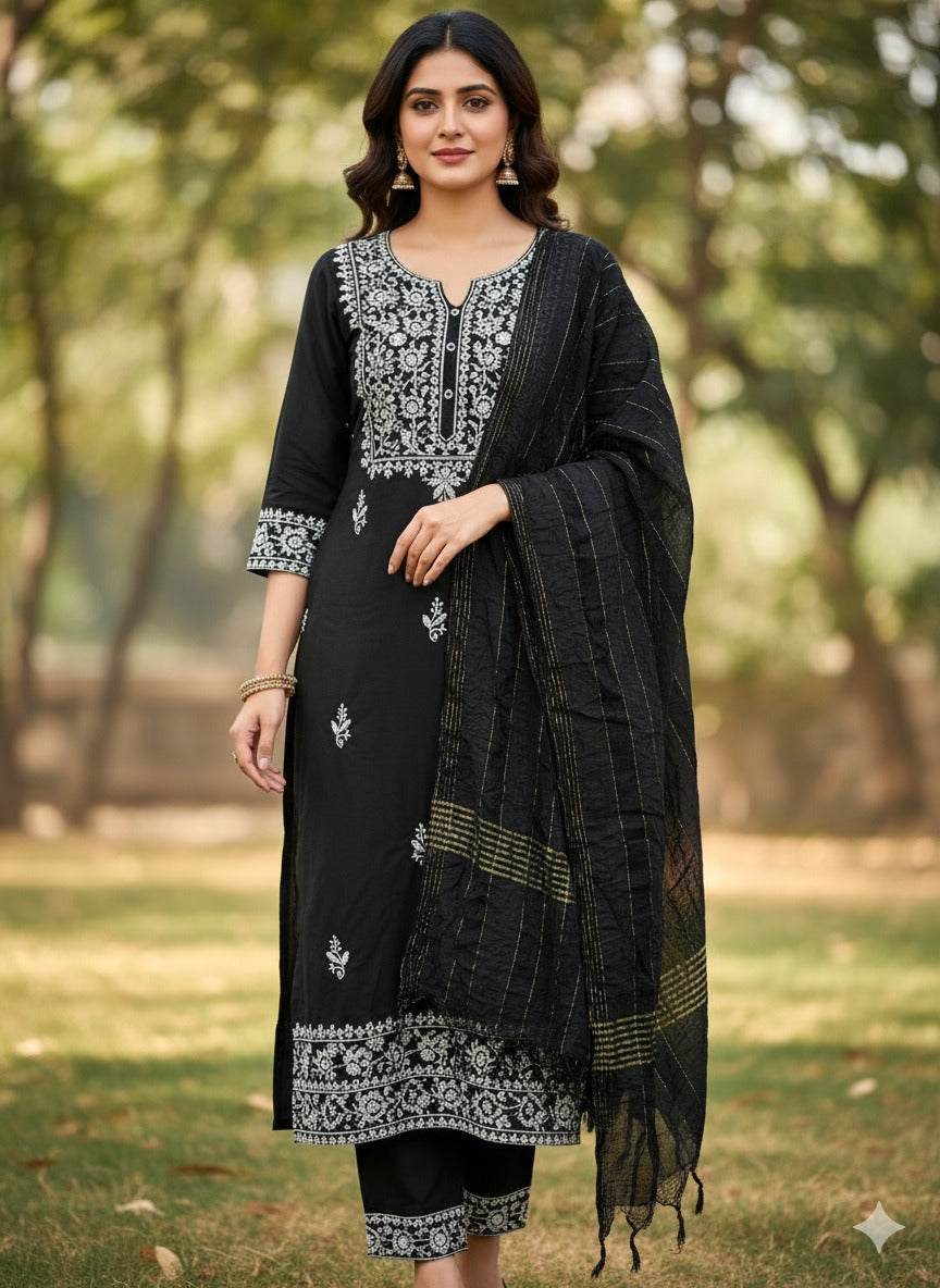 🖤 Classic Chic: The Black & White Embroidered Cotton Suit Set